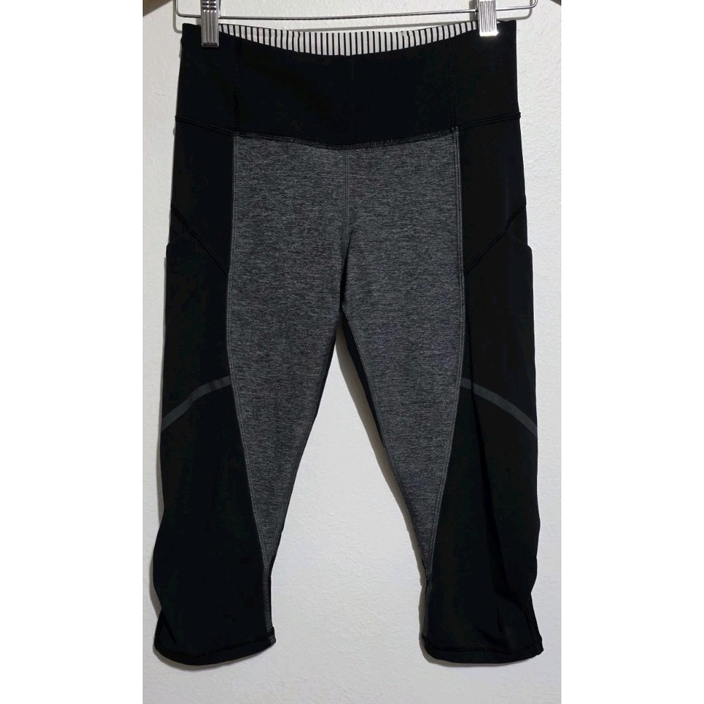 Lululemon Crop Legging Capri Black White Hidden‎ Pockets Gym Running Yoga 4 EUC